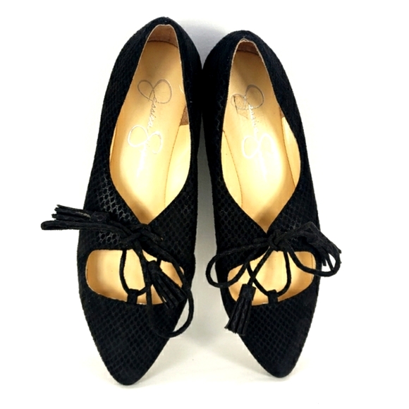 Jessica Simpson Black Vegan Suede, Tassel Lace-Up, Pointy Toe Flats. Women's 7M - Picture 7 of 12